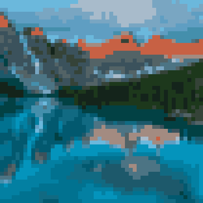 Pixel art of a mountain lake at sunset